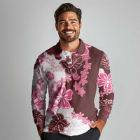 Pink Hibiscus Plumeria Floral Long Sleeve Polo Shirt - Polynesian Pride