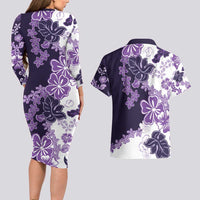 Purple Hibiscus Plumeria Floral Couples Matching Long Sleeve Bodycon Dress and Hawaiian Shirt LT01 - Polynesian Pride