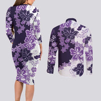 Purple Hibiscus Plumeria Floral Couples Matching Long Sleeve Bodycon Dress and Long Sleeve Button Shirt LT01 - Polynesian Pride