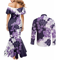 Purple Hibiscus Plumeria Floral Couples Matching Mermaid Dress and Long Sleeve Button Shirt LT01 - Polynesian Pride