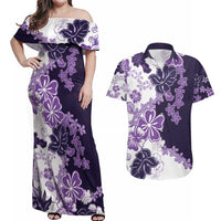 Purple Hibiscus Plumeria Floral Couples Matching Off Shoulder Maxi Dress and Hawaiian Shirt LT01 Purple - Polynesian Pride