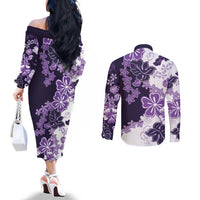 Purple Hibiscus Plumeria Floral Couples Matching Off The Shoulder Long Sleeve Dress and Long Sleeve Button Shirt LT01 - Polynesian Pride