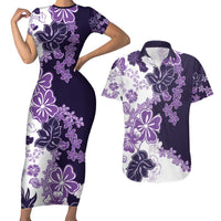 Purple Hibiscus Plumeria Floral Couples Matching Short Sleeve Bodycon Dress and Hawaiian Shirt LT01 Purple - Polynesian Pride
