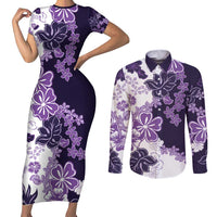 Purple Hibiscus Plumeria Floral Couples Matching Short Sleeve Bodycon Dress and Long Sleeve Button Shirt LT01 Purple - Polynesian Pride
