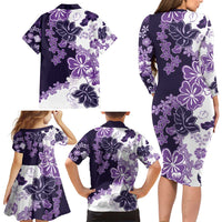 Purple Hibiscus Plumeria Floral Family Matching Long Sleeve Bodycon Dress and Hawaiian Shirt LT01 - Polynesian Pride