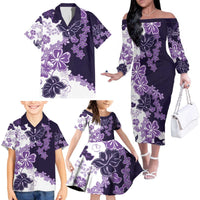 Purple Hibiscus Plumeria Floral Family Matching Off The Shoulder Long Sleeve Dress and Hawaiian Shirt LT01 - Polynesian Pride