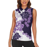 Purple Hibiscus Plumeria Floral Women Sleeveless Polo Shirt LT01 - Polynesian Pride
