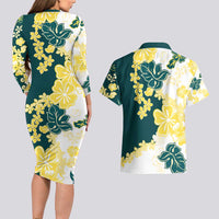 Yelow Teal Hibiscus Plumeria Floral Couples Matching Long Sleeve Bodycon Dress and Hawaiian Shirt LT01 - Polynesian Pride