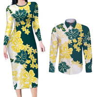 Yelow Teal Hibiscus Plumeria Floral Couples Matching Long Sleeve Bodycon Dress and Long Sleeve Button Shirt LT01 Yellow - Polynesian Pride