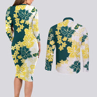 Yelow Teal Hibiscus Plumeria Floral Couples Matching Long Sleeve Bodycon Dress and Long Sleeve Button Shirt LT01 - Polynesian Pride