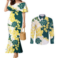 Yelow Teal Hibiscus Plumeria Floral Couples Matching Mermaid Dress and Long Sleeve Button Shirt LT01 Yellow - Polynesian Pride