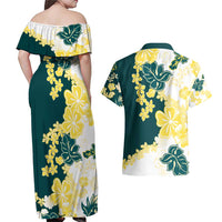 Yelow Teal Hibiscus Plumeria Floral Couples Matching Off Shoulder Maxi Dress and Hawaiian Shirt LT01 - Polynesian Pride