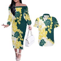 Yelow Teal Hibiscus Plumeria Floral Couples Matching Off The Shoulder Long Sleeve Dress and Hawaiian Shirt LT01 Yellow - Polynesian Pride