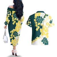 Yelow Teal Hibiscus Plumeria Floral Couples Matching Off The Shoulder Long Sleeve Dress and Hawaiian Shirt LT01 - Polynesian Pride