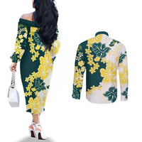 Yelow Teal Hibiscus Plumeria Floral Couples Matching Off The Shoulder Long Sleeve Dress and Long Sleeve Button Shirt LT01 - Polynesian Pride