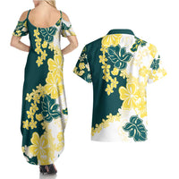 Yelow Teal Hibiscus Plumeria Floral Couples Matching Summer Maxi Dress and Hawaiian Shirt LT01 - Polynesian Pride