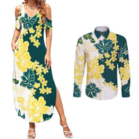 Yelow Teal Hibiscus Plumeria Floral Couples Matching Summer Maxi Dress and Long Sleeve Button Shirt LT01 Yellow - Polynesian Pride