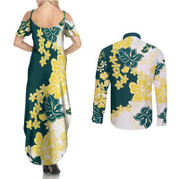 Yelow Teal Hibiscus Plumeria Floral Couples Matching Summer Maxi Dress and Long Sleeve Button Shirt LT01 - Polynesian Pride