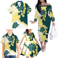 Yelow Teal Hibiscus Plumeria Floral Family Matching Off The Shoulder Long Sleeve Dress and Hawaiian Shirt LT01 - Polynesian Pride