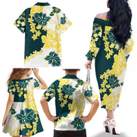 Yelow Teal Hibiscus Plumeria Floral Family Matching Off The Shoulder Long Sleeve Dress and Hawaiian Shirt LT01 - Polynesian Pride