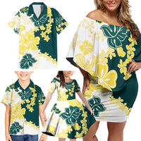 Yelow Teal Hibiscus Plumeria Floral Family Matching Off Shoulder Short Dress and Hawaiian Shirt LT01 - Polynesian Pride