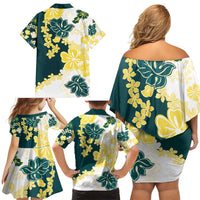 Yelow Teal Hibiscus Plumeria Floral Family Matching Off Shoulder Short Dress and Hawaiian Shirt LT01 - Polynesian Pride