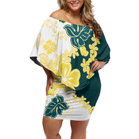 Yelow Teal Hibiscus Plumeria Floral Family Matching Off Shoulder Short Dress and Hawaiian Shirt LT01 Mom's Dress Yellow - Polynesian Pride