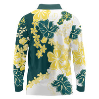 Yelow Teal Hibiscus Plumeria Floral Long Sleeve Polo Shirt - Polynesian Pride