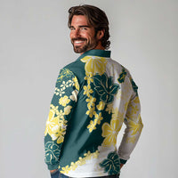 Yelow Teal Hibiscus Plumeria Floral Long Sleeve Polo Shirt - Polynesian Pride