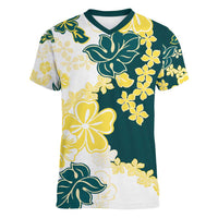 Yelow Teal Hibiscus Plumeria Floral Women V-Neck T-Shirt LT01 Female Yellow - Polynesian Pride