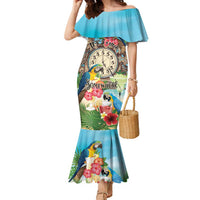 Personalized It's 5 o'clock Somewhere Family Matching Mermaid Dress and Hawaiian Shirt Hawaiian Tropical Parrots LT01 Mom's Dress Blue - Polynesian Pride