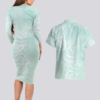 Polynesian Tiare Monstera Seafoam Green Couples Matching Long Sleeve Bodycon Dress and Hawaiian Shirt Liquid Style LT01 - Polynesian Pride