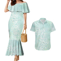 Polynesian Tiare Monstera Seafoam Green Couples Matching Mermaid Dress and Hawaiian Shirt Liquid Style LT01 Green - Polynesian Pride