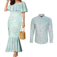 Polynesian Tiare Monstera Seafoam Green Couples Matching Mermaid Dress and Long Sleeve Button Shirt Liquid Style LT01 Green - Polynesian Pride