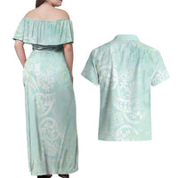 Polynesian Tiare Monstera Seafoam Green Couples Matching Off Shoulder Maxi Dress and Hawaiian Shirt Liquid Style LT01 - Polynesian Pride