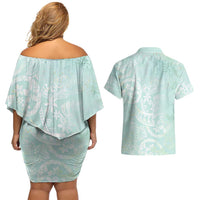 Polynesian Tiare Monstera Seafoam Green Couples Matching Off Shoulder Short Dress and Hawaiian Shirt Liquid Style LT01 - Polynesian Pride