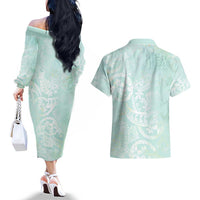 Polynesian Tiare Monstera Seafoam Green Couples Matching Off The Shoulder Long Sleeve Dress and Hawaiian Shirt Liquid Style LT01 - Polynesian Pride