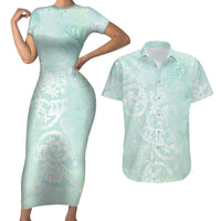 Polynesian Tiare Monstera Seafoam Green Couples Matching Short Sleeve Bodycon Dress and Hawaiian Shirt Liquid Style LT01 Green - Polynesian Pride