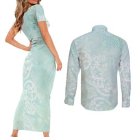 Polynesian Tiare Monstera Seafoam Green Couples Matching Short Sleeve Bodycon Dress and Long Sleeve Button Shirt Liquid Style LT01 - Polynesian Pride