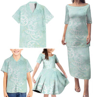 Polynesian Tiare Monstera Seafoam Green Family Matching Puletasi and Hawaiian Shirt Liquid Style LT01 - Polynesian Pride