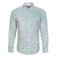 Polynesian Tiare Monstera Seafoam Green Family Matching Short Sleeve Bodycon Dress and Hawaiian Shirt Liquid Style LT01 Dad's Shirt - Long Sleeve Green - Polynesian Pride