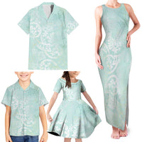 Polynesian Tiare Monstera Seafoam Green Family Matching Tank Maxi Dress and Hawaiian Shirt Liquid Style LT01 - Polynesian Pride