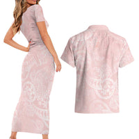 Polynesian Tiare Monstera Soft Pink Couples Matching Short Sleeve Bodycon Dress and Hawaiian Shirt Liquid Style LT01 - Polynesian Pride