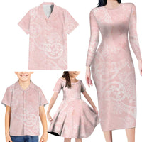 Polynesian Tiare Monstera Soft Pink Family Matching Long Sleeve Bodycon Dress and Hawaiian Shirt Liquid Style LT01 - Polynesian Pride