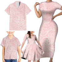 Polynesian Tiare Monstera Soft Pink Family Matching Short Sleeve Bodycon Dress and Hawaiian Shirt Liquid Style LT01 - Polynesian Pride