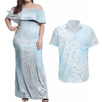 Polynesian Tiare Monstera Baby Blue Couples Matching Off Shoulder Maxi Dress and Hawaiian Shirt Liquid Style LT01 Blue - Polynesian Pride