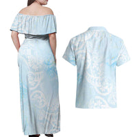 Polynesian Tiare Monstera Baby Blue Couples Matching Off Shoulder Maxi Dress and Hawaiian Shirt Liquid Style LT01 - Polynesian Pride