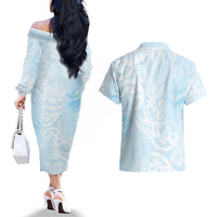 Polynesian Tiare Monstera Baby Blue Couples Matching Off The Shoulder Long Sleeve Dress and Hawaiian Shirt Liquid Style LT01 - Polynesian Pride