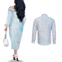 Polynesian Tiare Monstera Baby Blue Couples Matching Off The Shoulder Long Sleeve Dress and Long Sleeve Button Shirt Liquid Style LT01 - Polynesian Pride