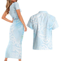 Polynesian Tiare Monstera Baby Blue Couples Matching Short Sleeve Bodycon Dress and Hawaiian Shirt Liquid Style LT01 - Polynesian Pride